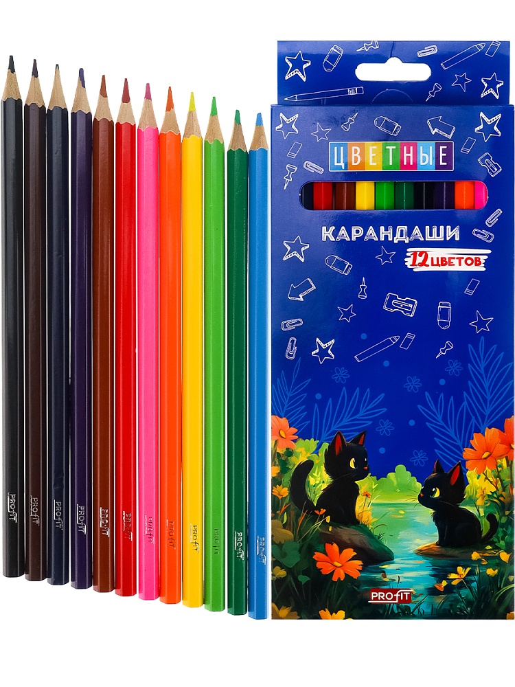 Карандаши цветн,набор,гексаг. 12цв. КОШАЧЬЯ ПРОГУЛКА (КЦ-2635)гриф.d=2,8мм,в к/к