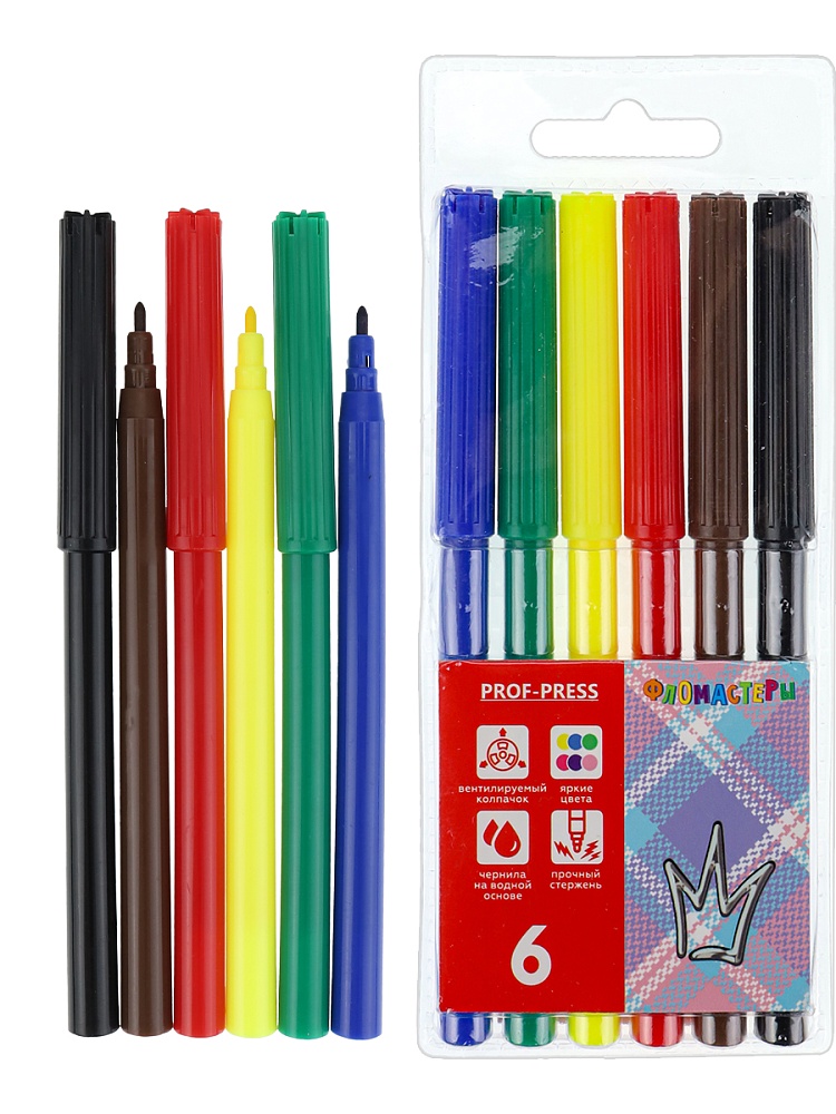 Фломастеры с вентилируемым колпачком 6цв. КОРОНА (ФВ-2554) в пласт. блистере