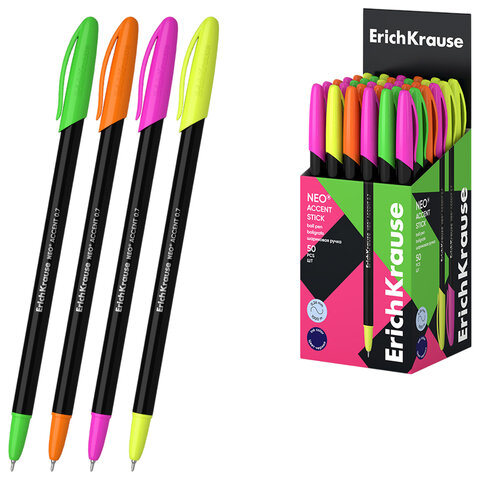 Ручка шариковая ERICH KRAUSE "Neo Stick Accent", СИНЯЯ, узел 0,7 мм, корпус ассорти, 0,26 мм