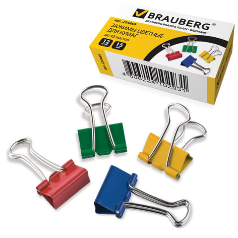 Зажимы для бумаг 15 мм, BRAUBERG,на 45 л., цветные, в картонной коробке