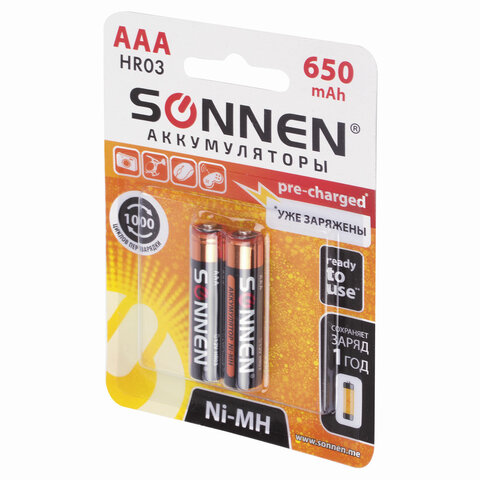 Батарейки аккумуляторные Ni-Mh мизинчиковые КОМПЛЕКТ 2 шт., AAA (HR03) 650 mAh, SONNEN
