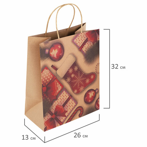 Пакет подарочный новогодний, 26x13x32 см, "Christmas Kraft", ЗОЛОТАЯ СКАЗКА