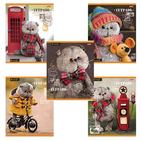 Тетрадь 18 л., HATBER, клетка, обложка картон, КОТ БАСИК (микс в спайке), 042723, 18Т5В1