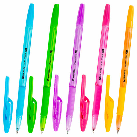 Ручка шариковая с грипом BRAUBERG ULTRA GT NEON, СИНЯЯ, корпус ассорти, линия 0,35 мм, 144054