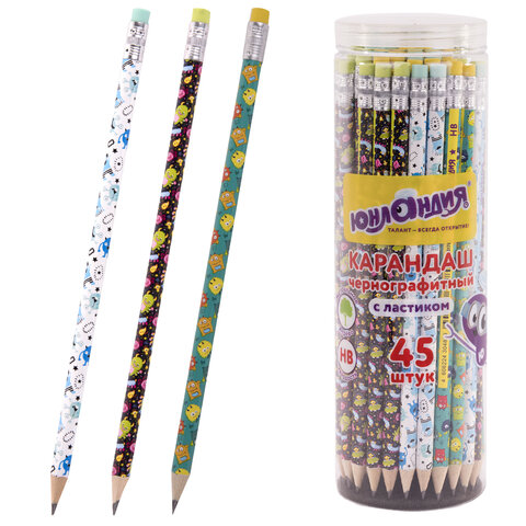 Карандаш чернографитный ЮНЛАНДИЯ МОНСТРИКИ, 1 шт., HB, с ластиком, корпус ассорти, 181782