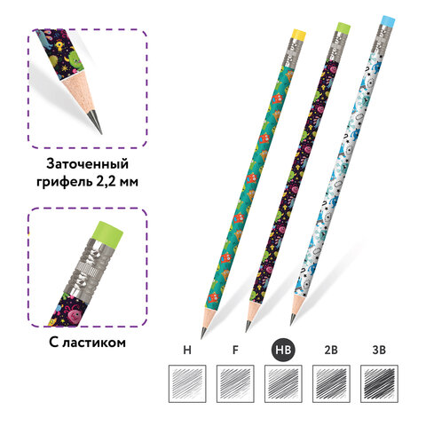 Карандаш чернографитный ЮНЛАНДИЯ МОНСТРИКИ, 1 шт., HB, с ластиком, корпус ассорти, 181782