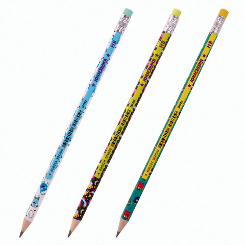 Карандаш чернографитный ЮНЛАНДИЯ МОНСТРИКИ, 1 шт., HB, с ластиком, корпус ассорти, 181782