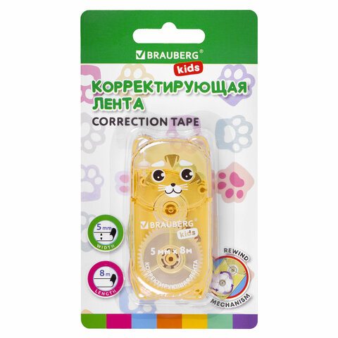 Корректирующая лента BRAUBERG KIDS ЗВЕРЯТА, 5 мм х 8 м, механизм перемотки, корпус ассорти, блистер, 272499