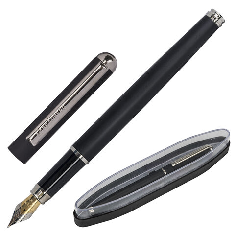 Ручка подарочная перьевая BRAUBERG "Larghetto", СИНЯЯ, корпус черный с хромированными деталями, лини