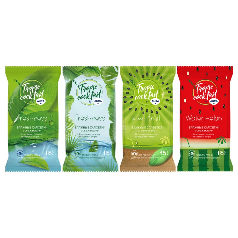 Салфетки влажные Aura "Tropic coctail", 15*20см, 15шт., освежающие