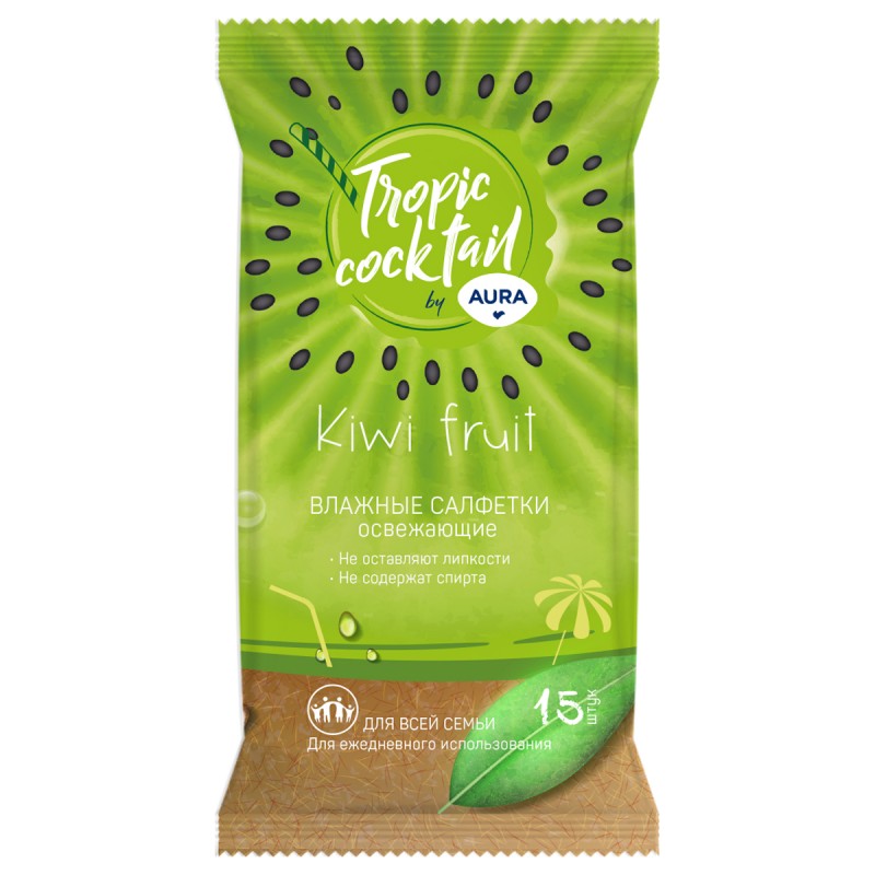 Салфетки влажные Aura "Tropic coctail", 15*20см, 15шт., освежающие