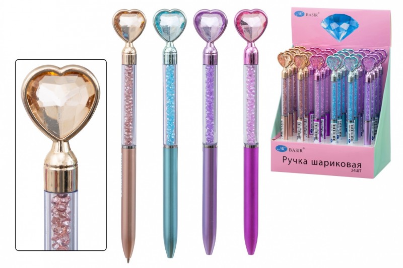 Шариковая ручка с поворотным механизмом: цветной корпус-амбре МС-6668 /ассорти/, наконечник-крупный кристалл-сердце; цвет чернил синий.