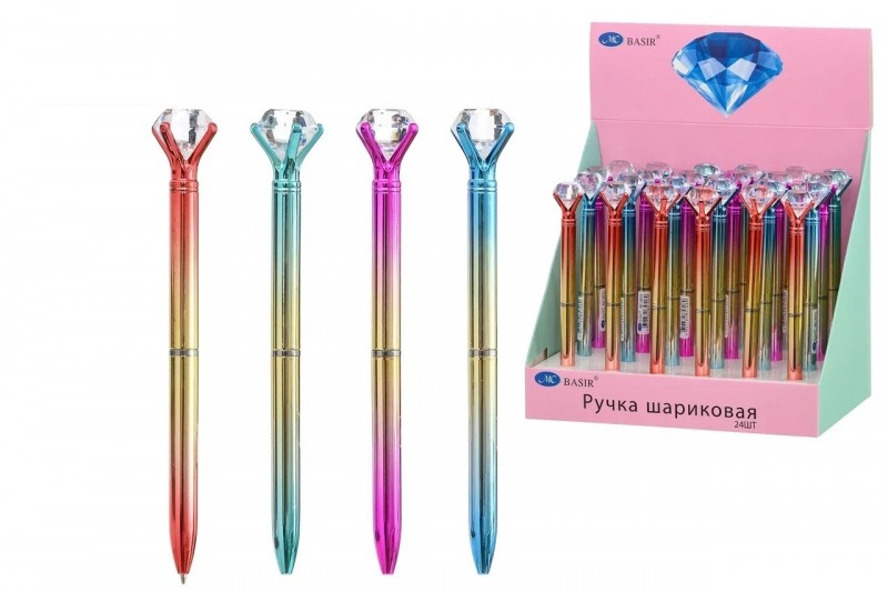 Шариковая ручка с поворотным механизмом: цветной-металлик корпус /ассорти/, наконечник-крупный кристалл; цвет чернил синий.
