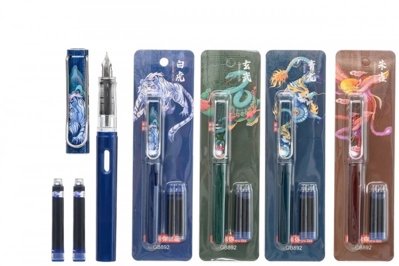 Перьевая ручка: "ДРАКОН"; 2+1; цветной пластиковый корпус с рисунком, стальное перо, съёмный колпачок с клипом+2 капсулы с чернилами; в пластиковой у