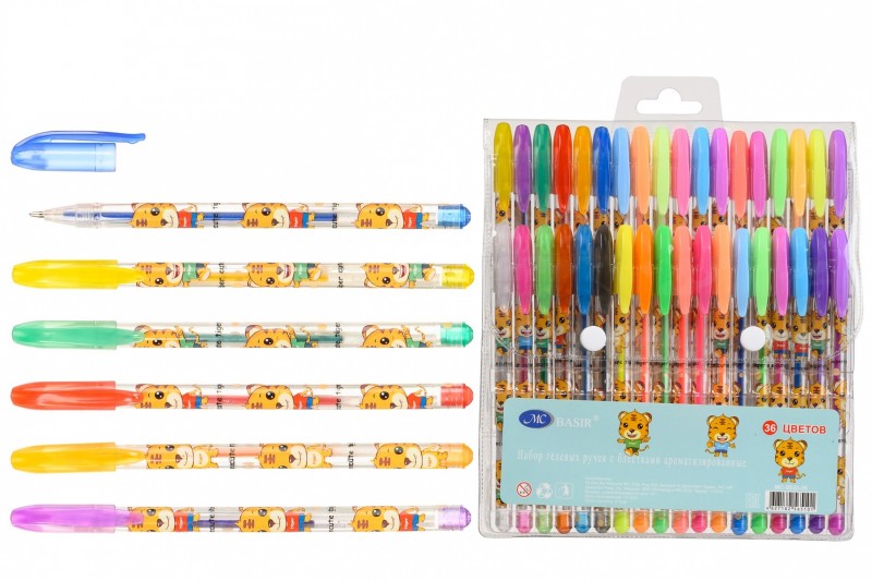 Набор гелевых ручек: "ТИГРЫ";МС-5530-36, ароматизированные, неон и с блёстками, прозрачный пластиковый корпус с рисунком, цветной колпачок
