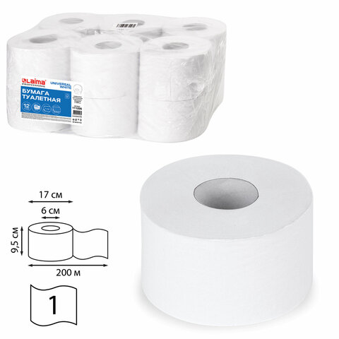 Бумага туалетная 200 м, LAIMA (T2), UNIVERSAL WHITE, 1-слойная, цвет белый, КОМПЛЕКТ 12 рулонов