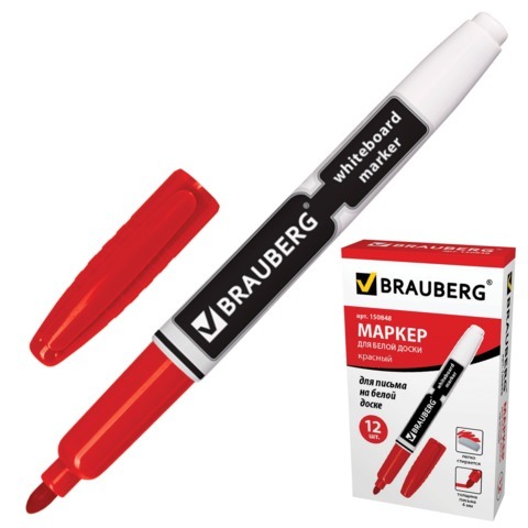 Маркер для доски BRAUBERG с клипом, эргономичный корпус, круглый наконечник 4 мм, красный